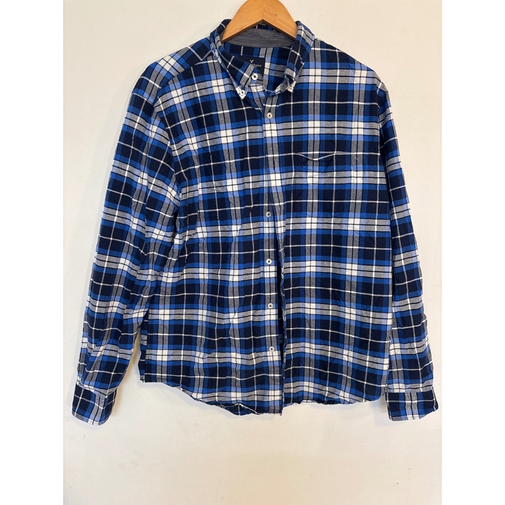 American Eagle Outfitters Mens Blue Plaid Button Down Shirt Classic Fit Large